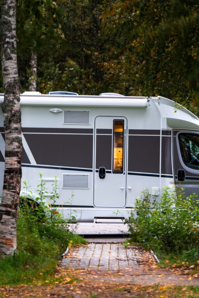 path leading to campervan with light on