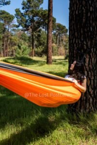 Nakie Hammock in pine forest, girl in hammock with white shirt, dark hair