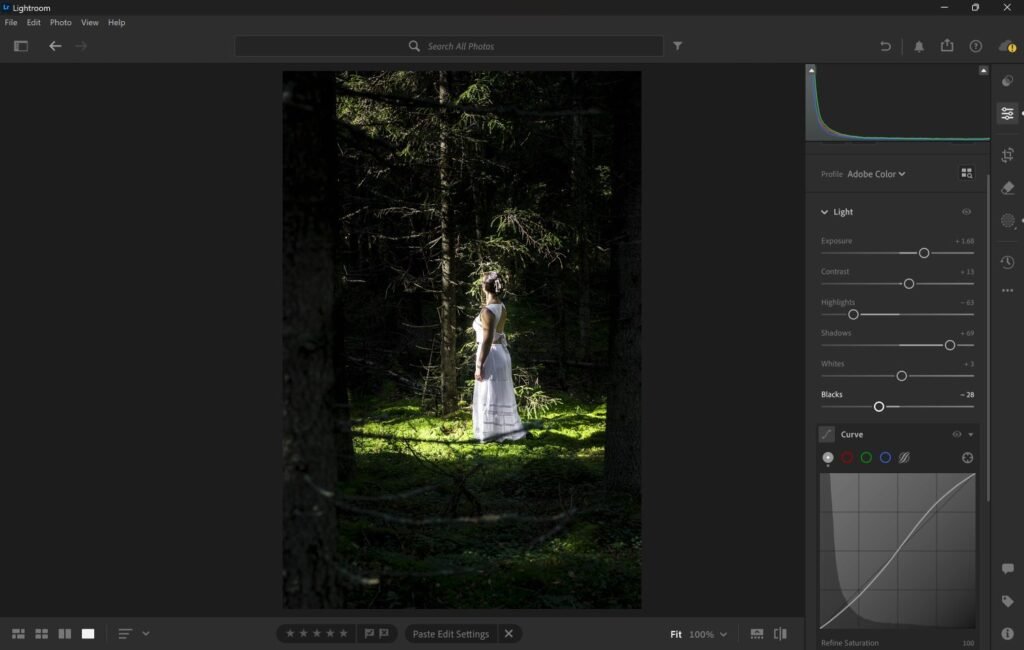 Screenshot of using Adobe Lightroom to edit an image of a girl standing in a forest, sunlight on her, dark elsewhere