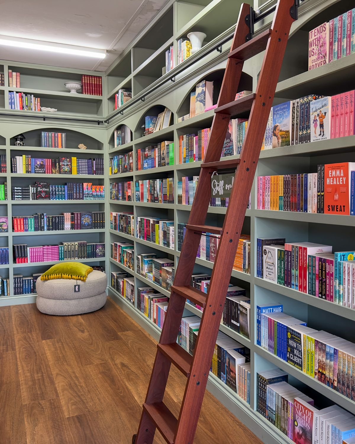 Cosy book store, ladder leading to top of shelves